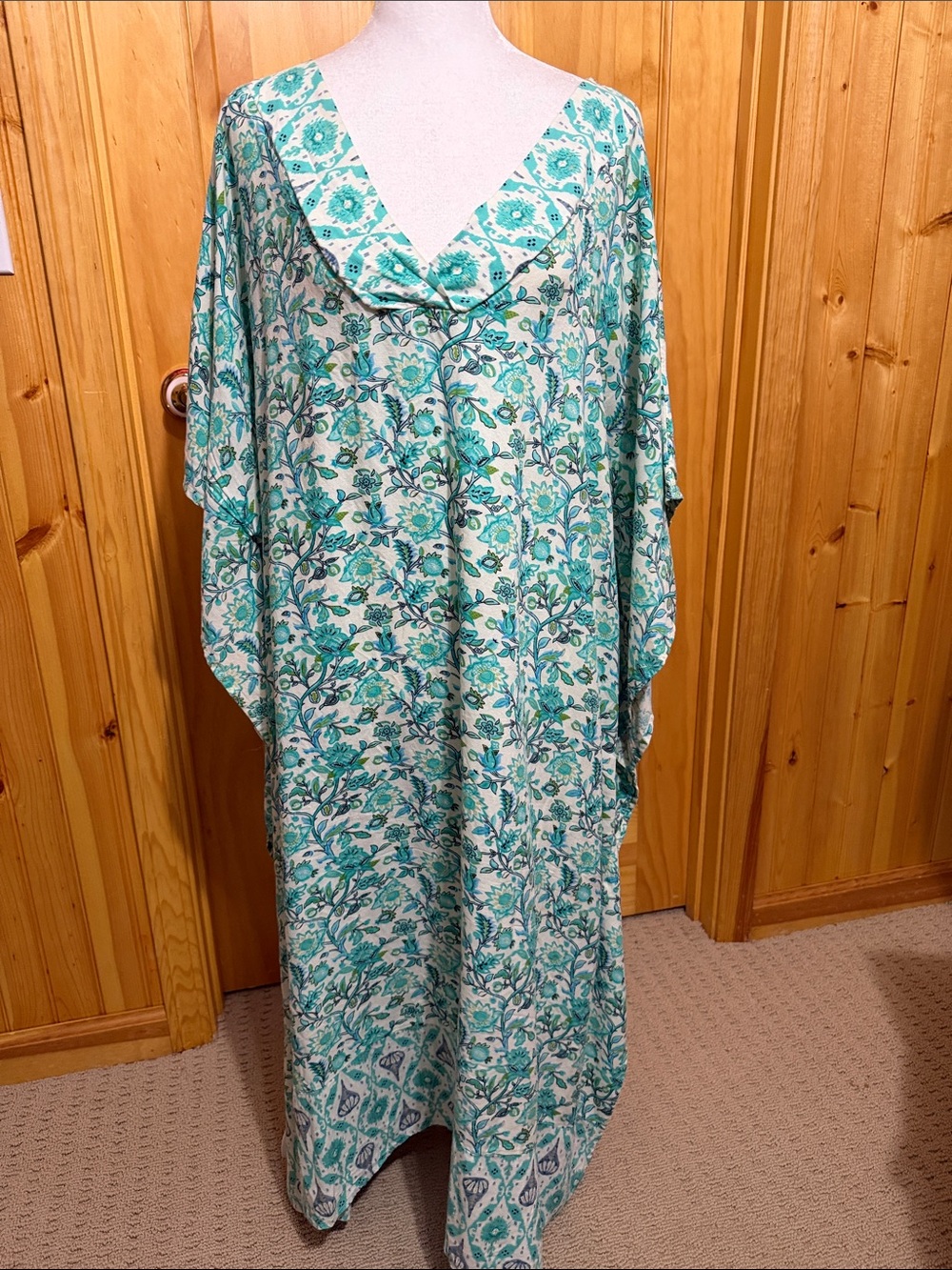 Lapogee Bohemian Floral Maxi Caftan Dress in Teal & White. OSFA